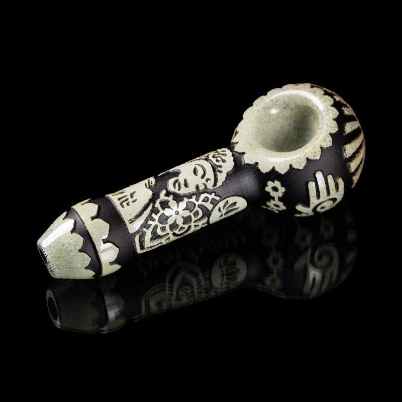 Buddha in Color Black and Silver Frit Hand Pipe